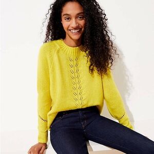 LOFT Yellow Pointelle Crewneck Knit Sweater Womens Size Small Wool Blend